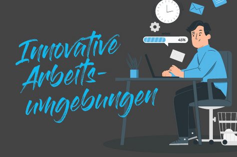 Innovative Arbeitsumgebung Grafik mit Mensch am Schreibtisch 