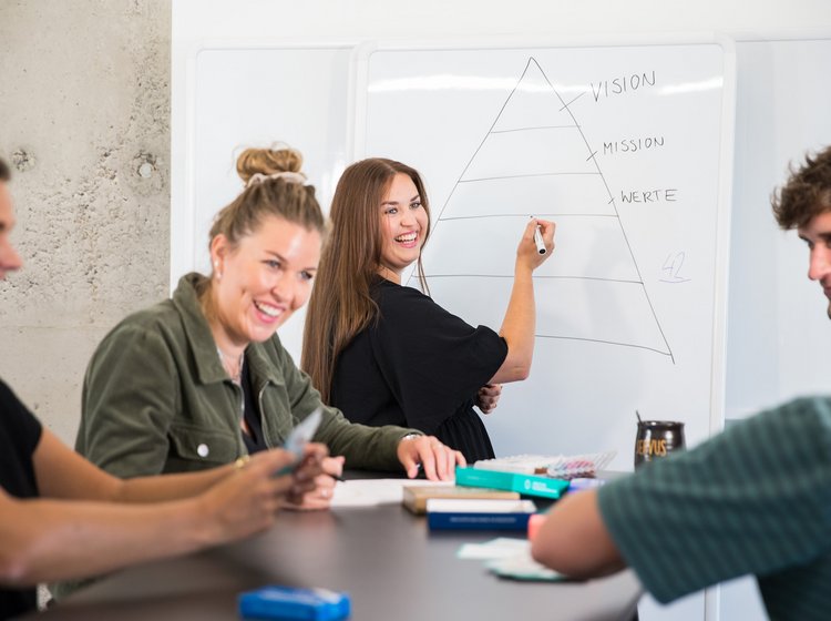 Team von Alpenblickdrei beim Arbeiten, Frau am Whiteboard