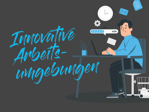 Innovative Arbeitsumgebung Grafik mit Mensch am Schreibtisch 
